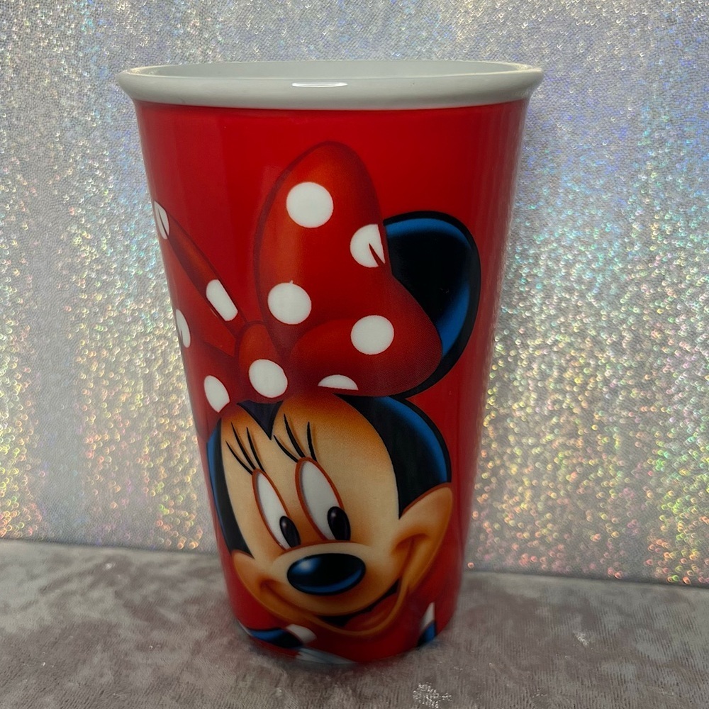 Minnie Mouse disney cup tall red glass drinkware cute polka dot rare collectors